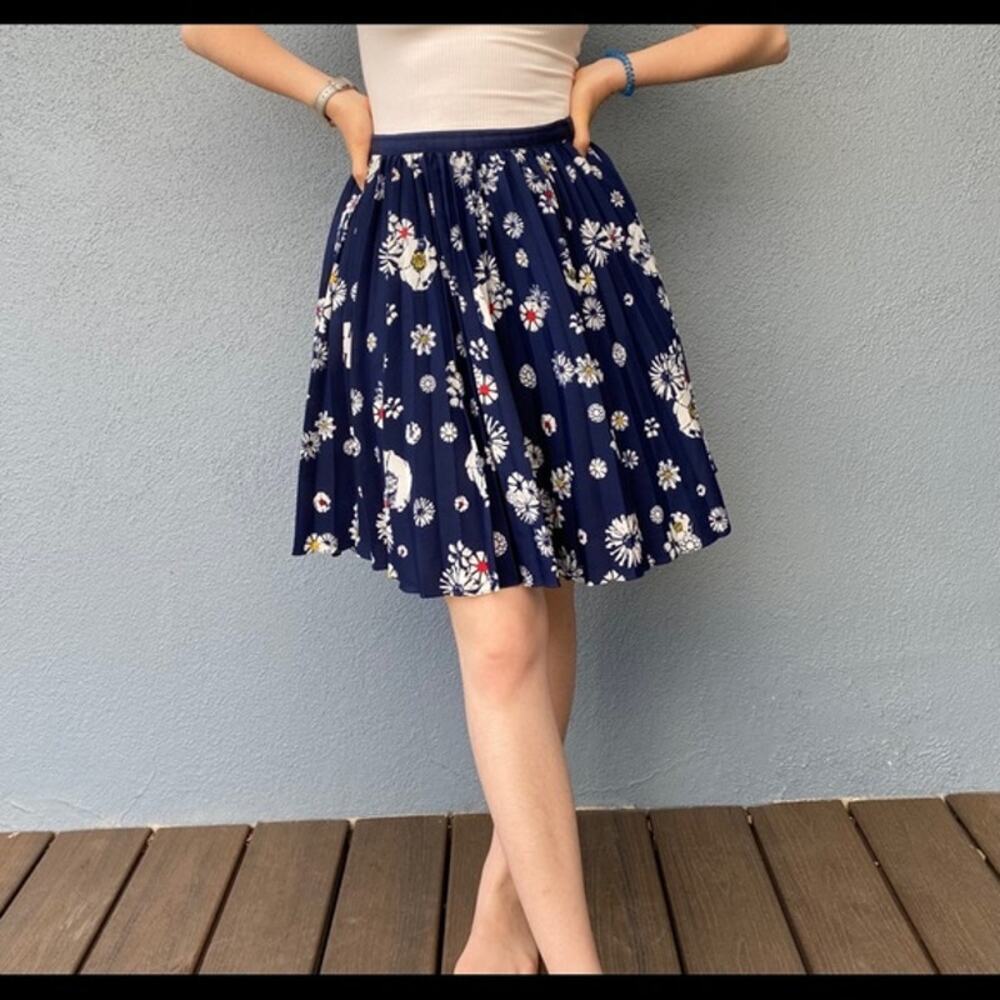 Jason wu pleated lined floral cottagecore navy skirt midi comfort casual sz 8